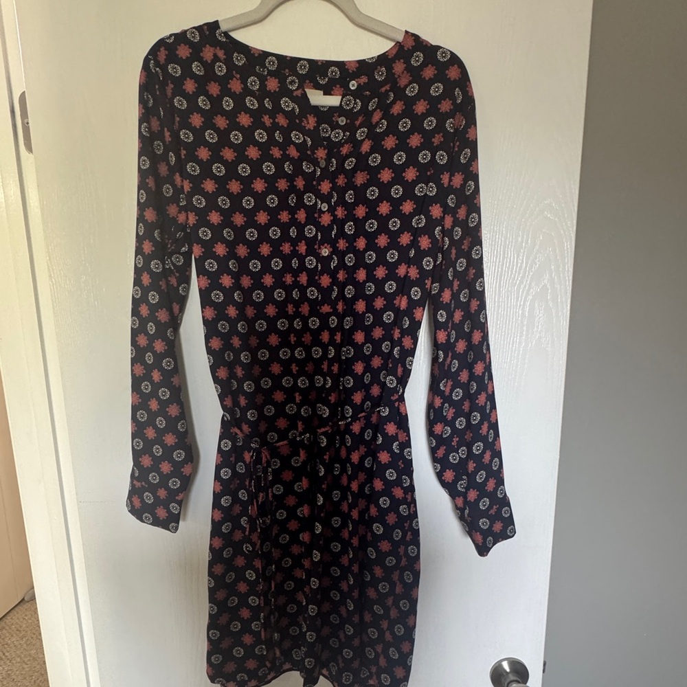 LOFT Navy and coral Floral Long Sleeve Dress